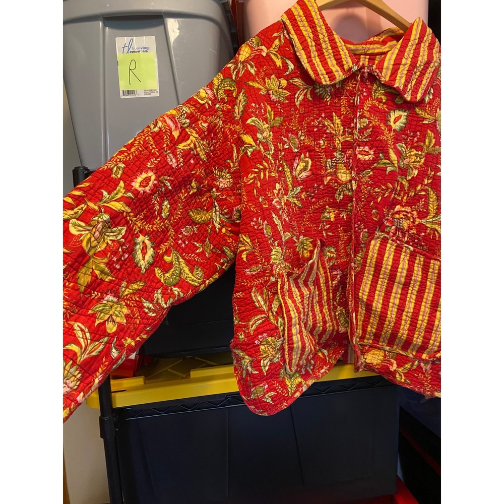 Quilted Jacket Floral Kantha Red Yellow Boho Oversized XL Handmade Cottage Fall - Picture 3 of 9